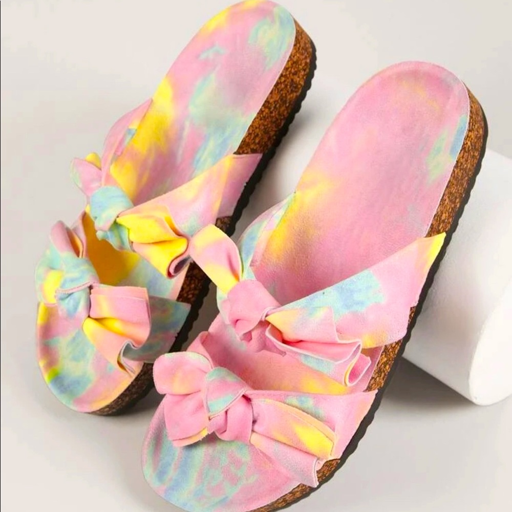 Faux Suede Dual Bow Vamp Slides Sandals